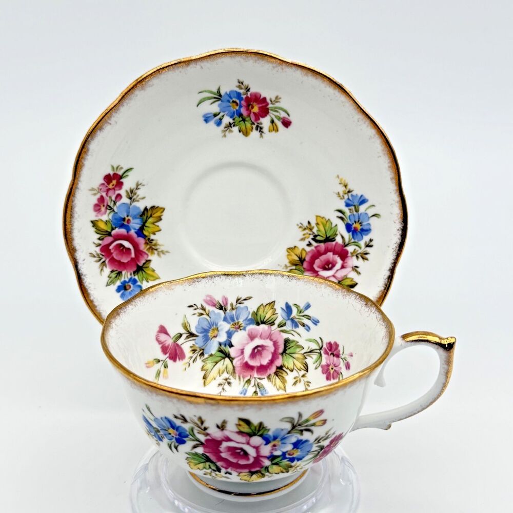 Roslyn England Porcelain Tea Cup & Saucer Set Floral Bouquet Pink Blue Vintage